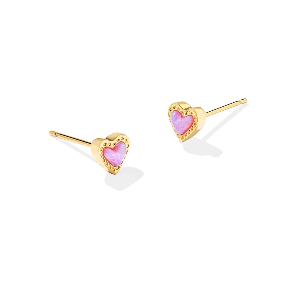 NWT Kendra Scott Mini Ari Heart Gold Stud Earrings Bubblegum Pink Kyocera Opal
